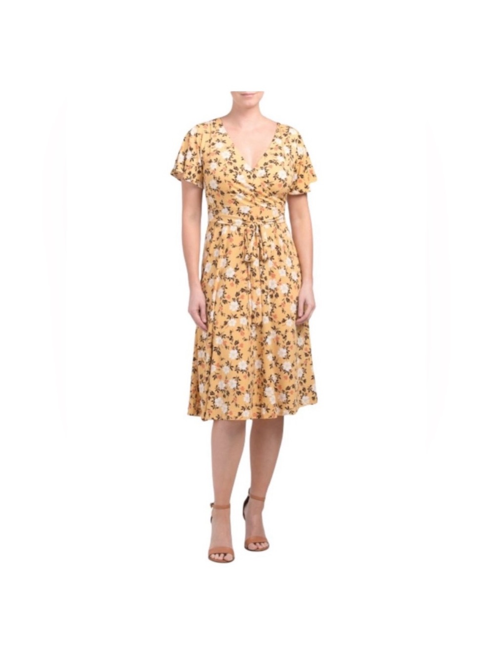 Nicole Miller Yellow Floral Wrap Feminine Midi Dress Spring Summer Size Med